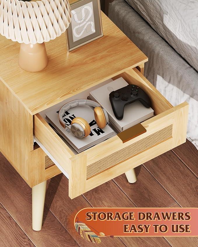 WLIVE Wooden Nightstands Set of 2, Rattan Night Stand with 2 Drawers, Boho Nightstand with Solid Legs, Bed Side Table for Bedroom, Living Room, Natural Oak