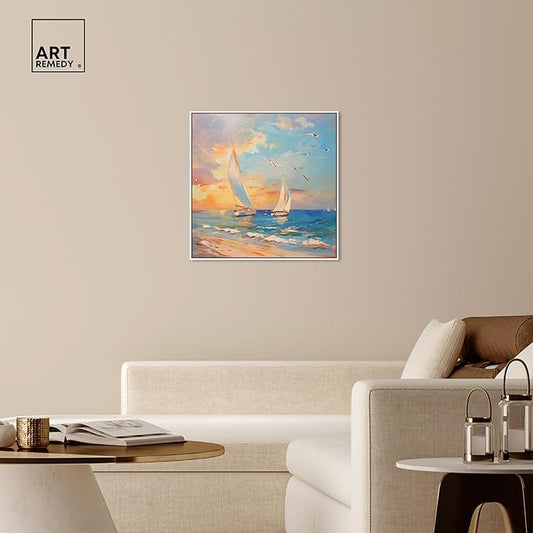 Art Remedy Sailboats In The Sunset Framed Sailing 1 Piece Canvas Wall Art, 31" x 31", White Frame