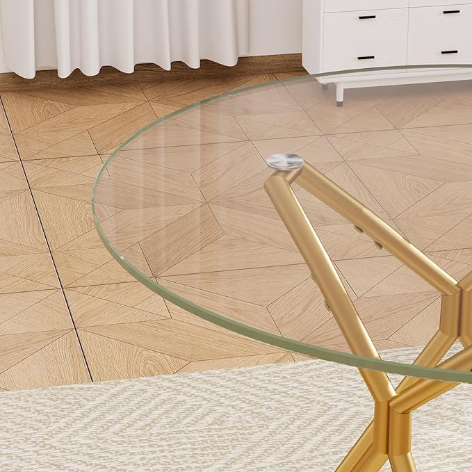 KEIKI 35.4-inch Round Tempered Glass Dining Table, Suitable for 1-4 People, Space-Saving Small Kitchen Dining Table, Equipped with Sturdy Metal Table Legs, Suitable for Dining Room, Living Room, Gold