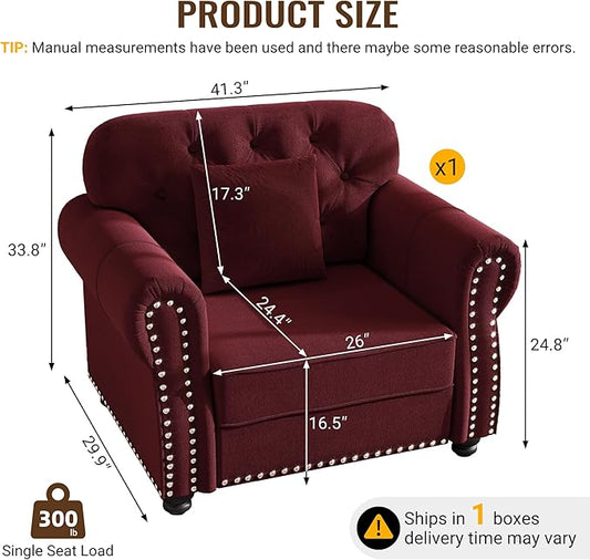 KEIKI 41" Velvet Chesterfield Sofa with Rolled Arms & Nailhead Trim, Modern Upholstered 1-Seater Button Tufted Couch with High Resilience Cushion & 1 Pillow, Easy Assembly, for Living Room, Burgundy