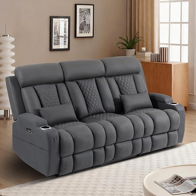 2-Piece Power Reclining Sofa Set, 3-Seater Sofa with Drop-Down Console & 2-Seater Loveseat, Zero Wall Hugger Electric Recliner Couch with Adjustable Headrest, AC Outlets (Gray, 3 Seat)
