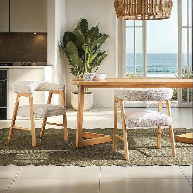 Walker Edison Ezra Modern Curved Back Dining Chair with Boucle Upholstery - Ivory (Set of 2)