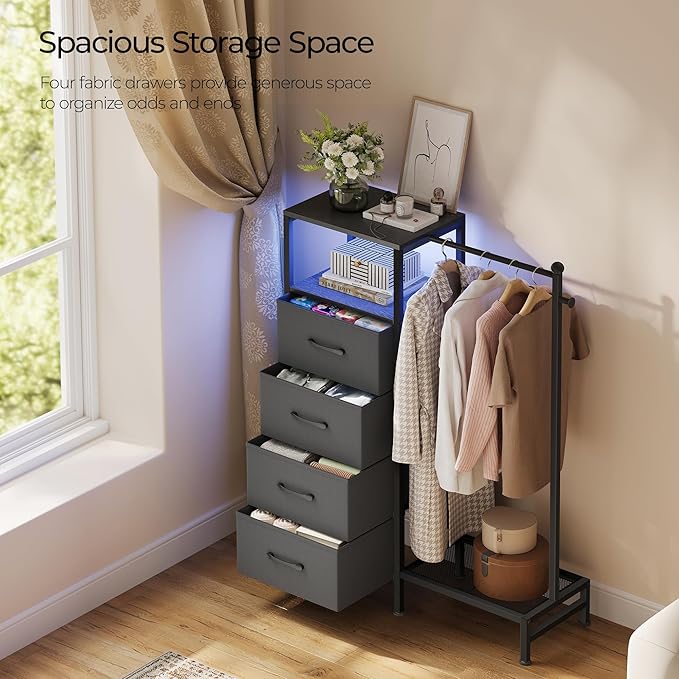 Dresser for Bedroom with Reversible Hanging Rack, 4 Drawers Dresser with LED Lights, Fabric Dressers with Open Shelf, Chest of Drawers with Clothes Rack, Kids Dressers for Bedroom, Black