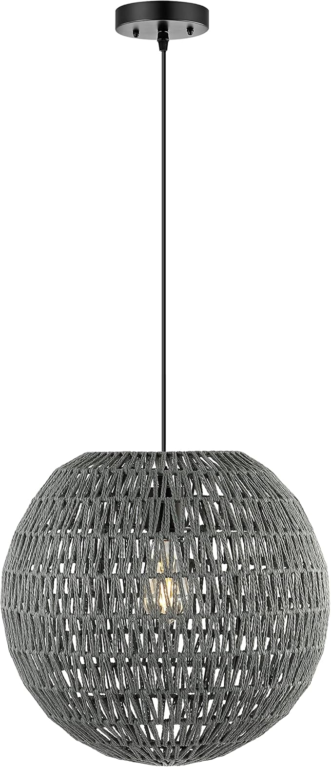 JONATHAN Y 16" Grey/Black Modern Bohemian Woven LED Pendant Light, Adjustable Hanging Ceiling Lamp for Kitchen Island Dining Room, Paper Wicker Shade, Bulb Included (JYL6503D)