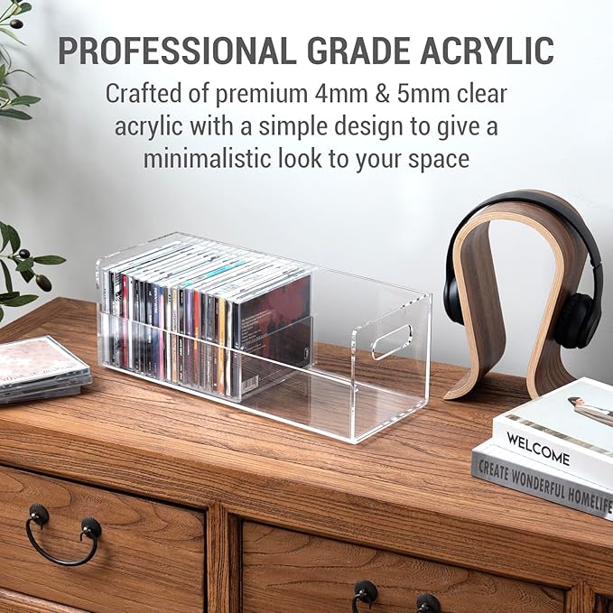 MyGift Modern Premium Clear Acrylic Stackable CD Holder Rack with Cutout Carrying Handles, Compact Disc Jewel Case Display Crate, Media Storage Organizer