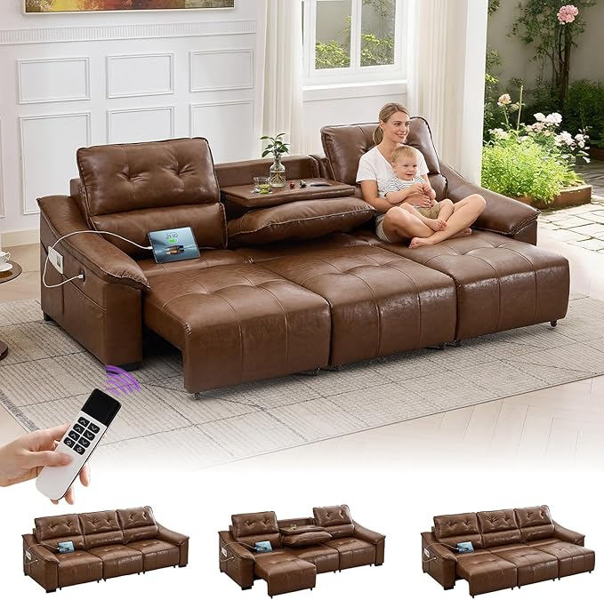 TYBOATLE Electric Reclining Sectional Couch, Power Recliner Sofa w/USB & Type-C Charging Ports and Cup Holders, Leather Reclining Sofa for Living Room, Home Theater (Brown)