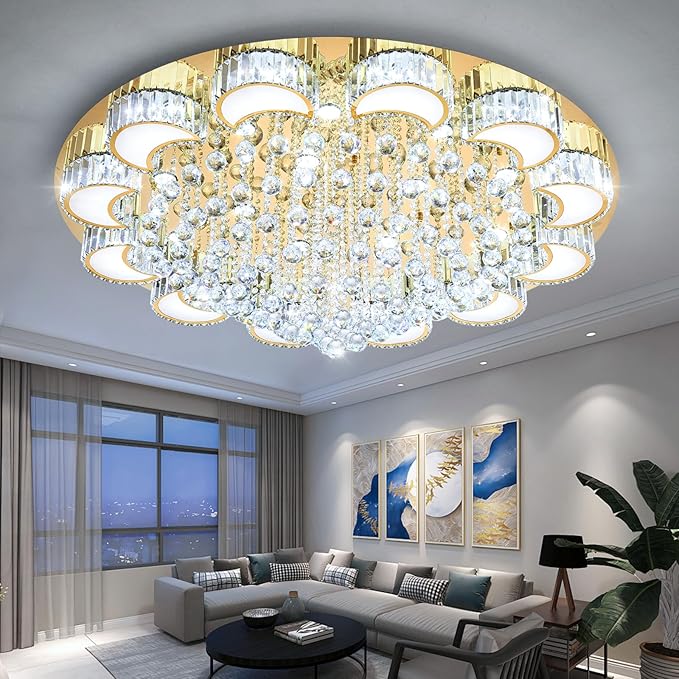 47'' Gold Modern Crystal Chandeliers for Dining Room LED Dimmable Light Fixtures Flush Mount Light Living Room Bedrooms
