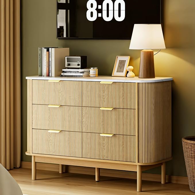 47" Fluted Dresser for Bedroom with 6 Drawer, Modern Chest of Drawers,Faux Marble Top & Curved Profile Design,Wood Drawer Storage Organizer for Living Room, Natural