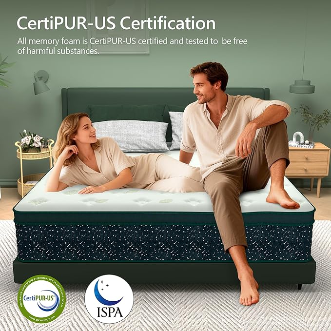12 inch Queen Mattress,Hybrid Mattress in a Box,Queen Size Gel Memory Foam Mattress Individually Pocket Springs Pressure Relief & Motion Isolation CertiPUR-US Certified,Green