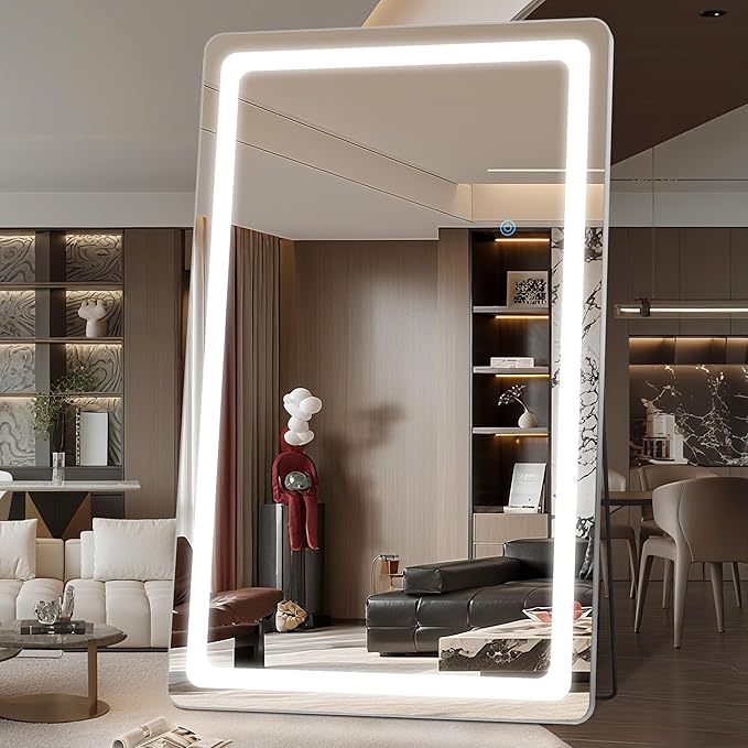Antok LED Full Length Mirror with Light, 72"x44" Lighted Full Body Mirror with Stand, Dimmable & 3 Color Lighting Standing/Leaning/Wall Mounted Vanity Mirror for Bedroom Cloakroom Livingroom(Rect)