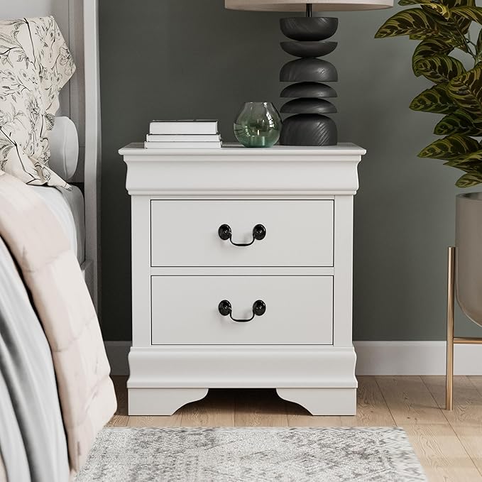 Furniture of America Arabella Traditional Solid Wood Nightstand with Drawers and Antique Nickle Handles, Small Bedside Table, No Assembly Wooden Night Stand for Bedroom, Guest Room, Dorm, White