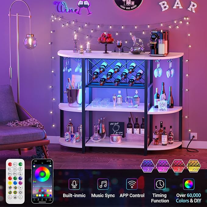 Unikito Bar Table Cabinet with Charging Station,Wine Rack Table with LED Light and Storage, Freestanding Floor Bar Cabinet for Liquor and Glasses for Home Kitchen Dining Room, White
