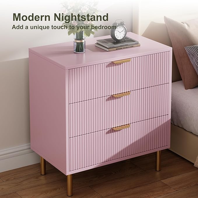 IDEALHOUSE Pink Dresser, Modern 3 Drawer Dresser for Bedroom with Gold Handle and Large Drawer, Wood Double Chest of Drawers and Storage Organizer for Living Room, Hallway, Entryway
