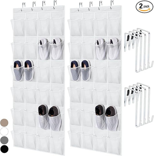 HOME GENIE Over the Door Hanging Shoe Organizer, 2 Pack, 24 Breathable Mesh Pockets, Closet Rack Storage Holder Stay in Place Hooks Hang on Closets, Hanger Holds Up to 40 lbs, Shoes, Accessories White