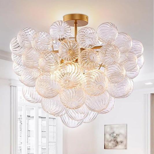 Longree Nordic Bubble Ball Swirled Glass Ceiling Lights Fixture, Dia 24 inch Gild Brass and Clear Blown Glass Small Chandelier for Bedroom Study Bathroom