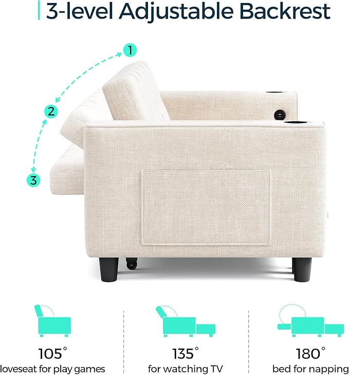 LINSY Sleeper Sofa Bed, 54" Pull Out Couch with Charging Station & Cup Holder, Small 3 in 1 Convertible Loveseat Sleeper Couch for Apartment, Dorm Room, Bedroom and Small Space, Chenille Beige