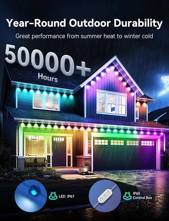 Permanent Outdoor Lights for House, RGB+IC IP67 Waterproof Smart Eave Lights 100ft with 72 LED, Eternity Lighting for Holiday Daily Decor, Work with Remote, APP
