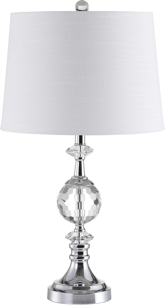 JONATHAN Y 25.5" Clear Crystal and Chrome Table Lamp, Glam Faceted Sphere Bedside Lamp with White Linen Drum Shade for Living Room, Bedroom, LED Bulb Included, UL Listed JYL5036A