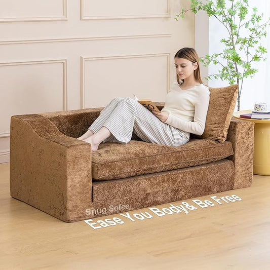 61" Convertible Sofa Bed Loveseat, Memory Foam Boneless Floor Couch with Removable Plush Velvet Cover, Tri-folding Compact Full-size Sleeper for Small Living Room, Playroom, Guest Room, RV (Brown) | Convertible Sofa Bed, Premium Memory Foam, Ergonomic ...