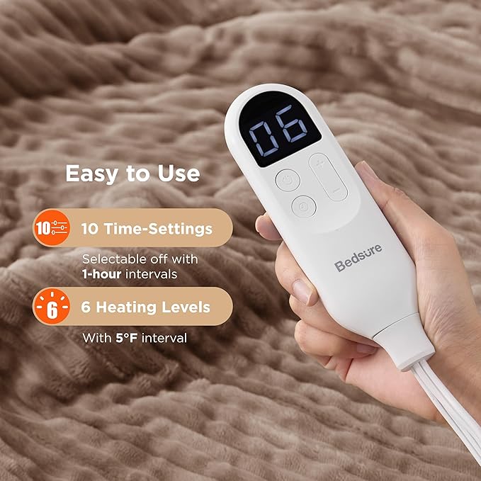 Bedsure GentleSoft Electric Blanket Full Size - Soft Ribbed Flannel Heated Blanket with 6 Heat Settings, Heating with 10 Time Settings, 8 hrs Timer Auto Shut Off, Gifts for Grandma (72"x84", Brown)