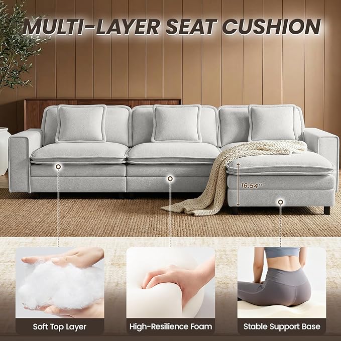 MALOL Modular Sectional Sofa 107", Comfy Cloud Couch with Ottoman, Deep 4-Seat L Shaped Modular Sofa, Couches with Throw Pillows for Living Room, Beige