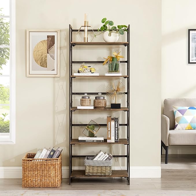 VECELO Folding Bookshelf, 5 Shelf Folding Bookcase No Assembly, Industrial Metal Freestanding Shelves Rack Organizer for Living Room, Office, Bedroom, Kitchen