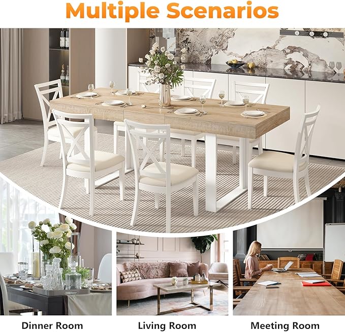 63"-78.7" Expandable Dining Table, 6-10 Farmhouse Kitchen Table, Extendable Dining Table, Rectangular Kitchen Table with Metal Track, Tapered U-Shaped Legs for Dining Room, Office-Oak