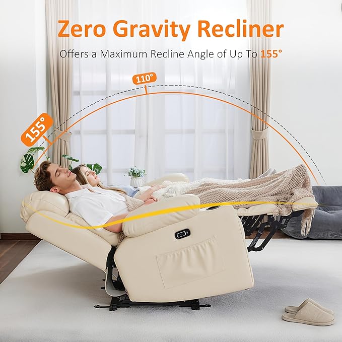 MCombo Zero Gravity Loveseat Recliner with Heat and Massage, Power Reclining Sofa for Living Room, Faux Leather 6075 (Cream White, Loveseat Recliner)