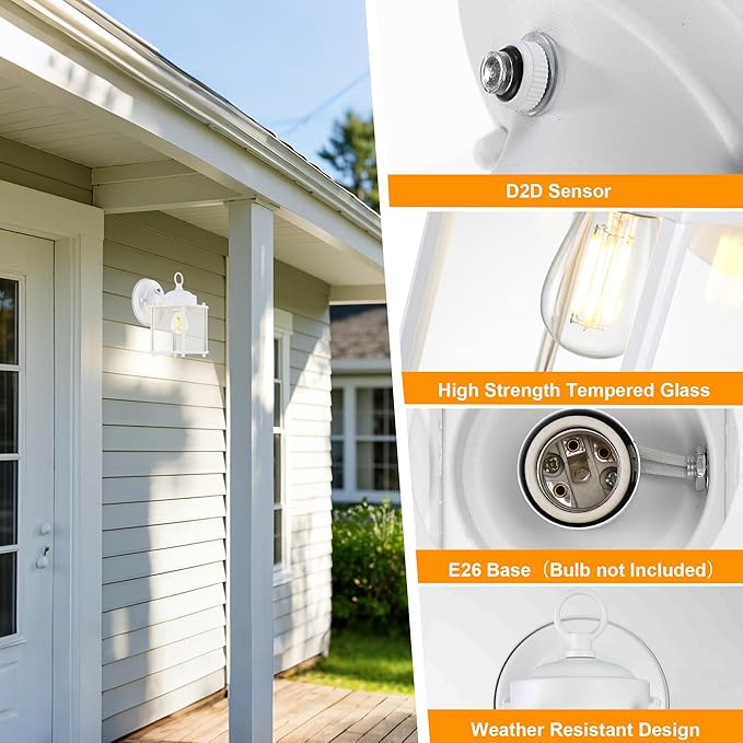 GRUENLICH Dusk to Dawn Outdoor Wall Lantern, Exterior Wall Sconce Light Fixture, Outside Porch Lighting with Clear Glass for House, Patio, White, 4 Pack