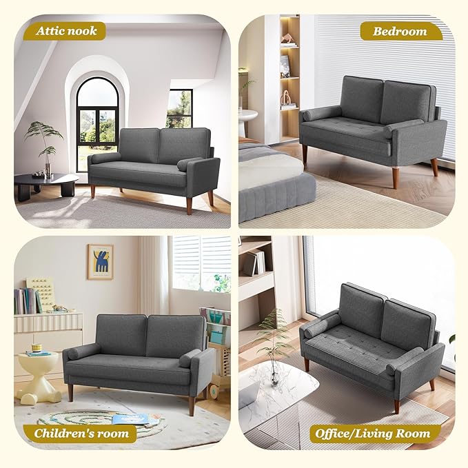 Vesgantti Loveseat Sofa with Solid Wood Legs, 48" Small Couches for Small Spaces, Love Seat for Living Room, Bedroom, Easy Assembly Mid Century Modern Couch with Throw Pillow for Apartment, Grey