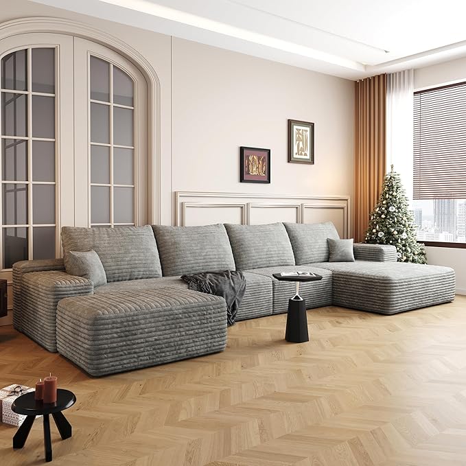 135" U Shaped Boneless Couch with Ottoman, Convertible Sleeper Compression Sofa, Corduroy Couch Sectional for Living Room Bedroom, Deep Seat Foam Cloud Sofas No Assembly, Right Facing Chaise, Grey