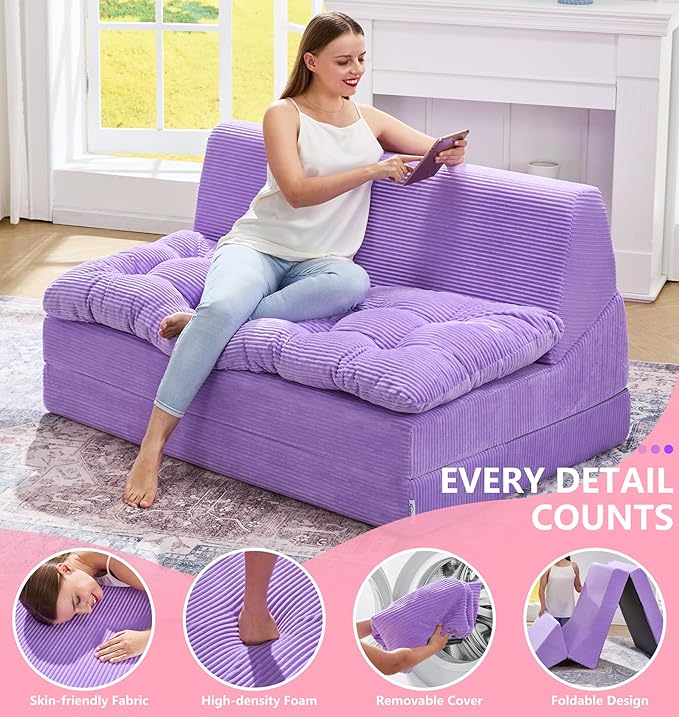Hobestluk Sofa Couch Folding Sofa Bed Sleeper Comfy Floor Lounger Loveseat Sofa with Removable Cushion Couches Foldable Mattress for Living Room Bedroom or Office (Cordury Purple, Oversize)