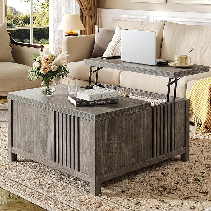 Farmhouse Lift Top Coffee Table with Storage, 35" Square Large Coffee Table with Hidden Compartment, Rustic Wood Center Table for Living Room, Grey Oak
