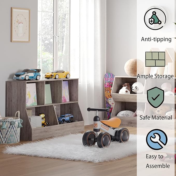 DINZI LVJ Toy Storage Organizer, Kids Bookshelf, Wood Toy Storage Cabinet, 5 Cubby Children Bookcase, 43.3" L Toddler Book Shelf for Playroom, Living Room, Nursery, Hallway, School, Greige