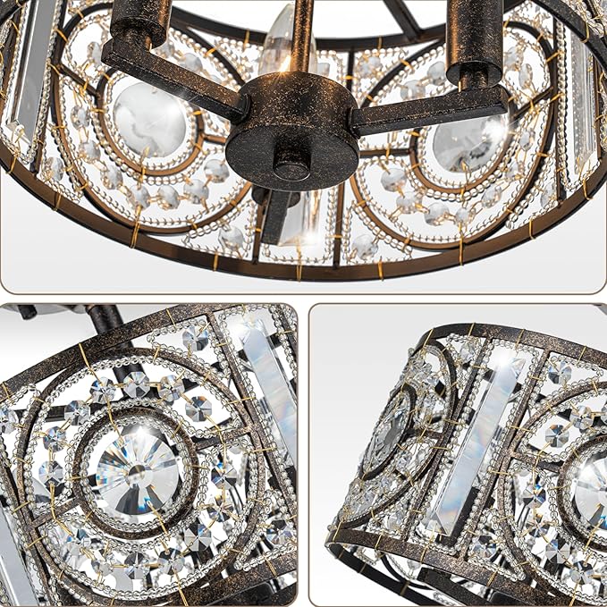 Vintage Crystal Drum Chandelier, 3-Lights Bronze Finish Retro Chandelier Lighting Fixtures, Semi Flush Mount Ceiling Light for Dining Room Living Room Bedroom Entryway Etc.