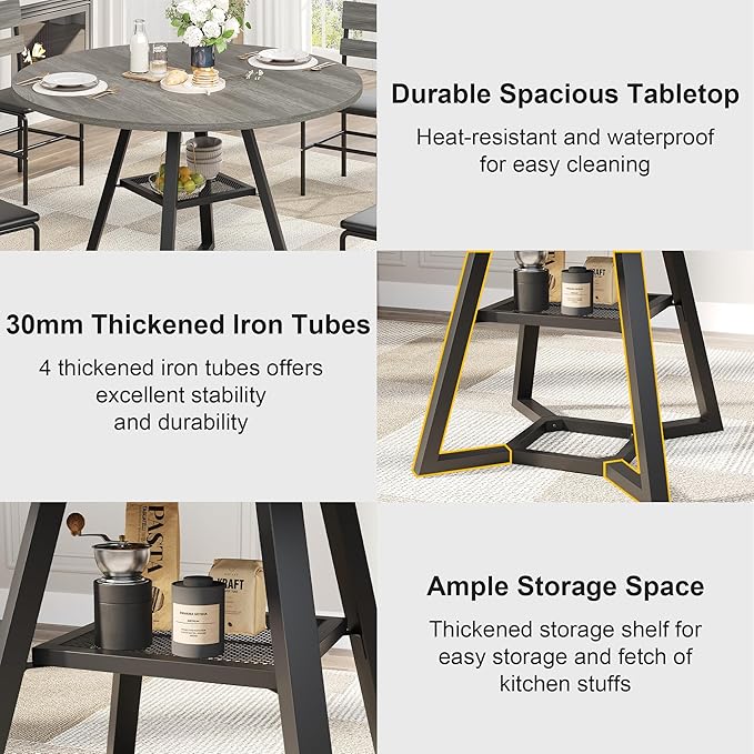 Round Dining Table for 4, Kitchen Tables Dining Room Circle Dinner Table with Pedestal Metal Frame, Space Saving Wood Industrial Kitchen & Dining Room Tables, Grey 47In