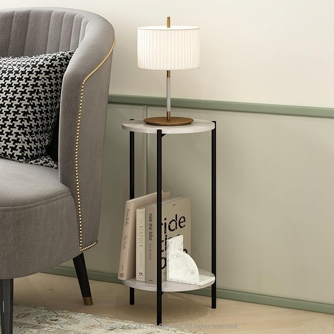 Furinno Besi 2-Tier Modern Tall Round Side End Table with Sturdy Metal Legs, 11.57 (W) x 8.16 (H) x 4.36 (D) inches, Marble White