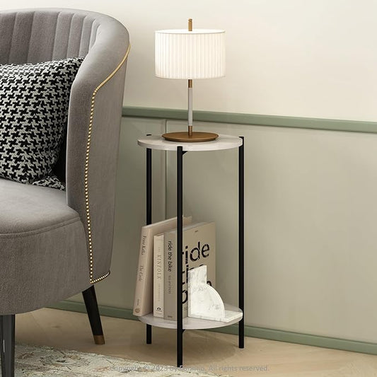 Furinno Besi 2-Tier Modern Tall Round Side End Table with Sturdy Metal Legs, 11.57 (W) x 8.16 (H) x 4.36 (D) inches, Marble White