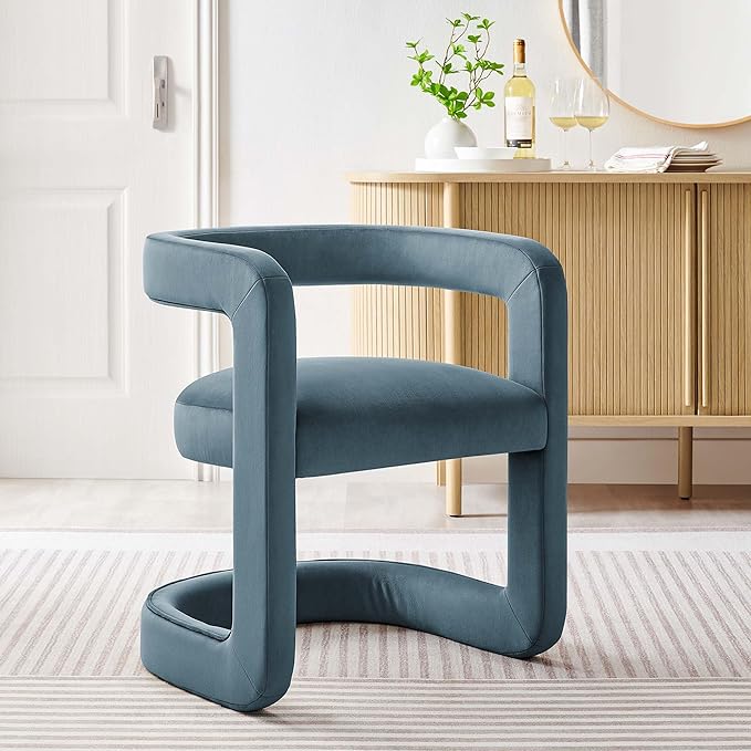 Modway Winslow Stain-Resistant Performance Velvet Dining Chair in Cadet Blue - Open Back Barrel Armchair - Upholstered Dining Chair - Cozy Reading Chair or Velvet Vanity Chair