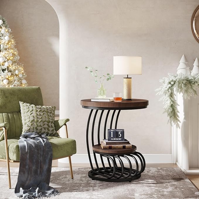 LITTLE TREE Round Side Table, Wood End Table with 2-Tier Storage Shelf, Accent Coffee Table, Creative Curved Metal Frame End Table for Small Spaces, Living Room, Bedroom, Brown + Black