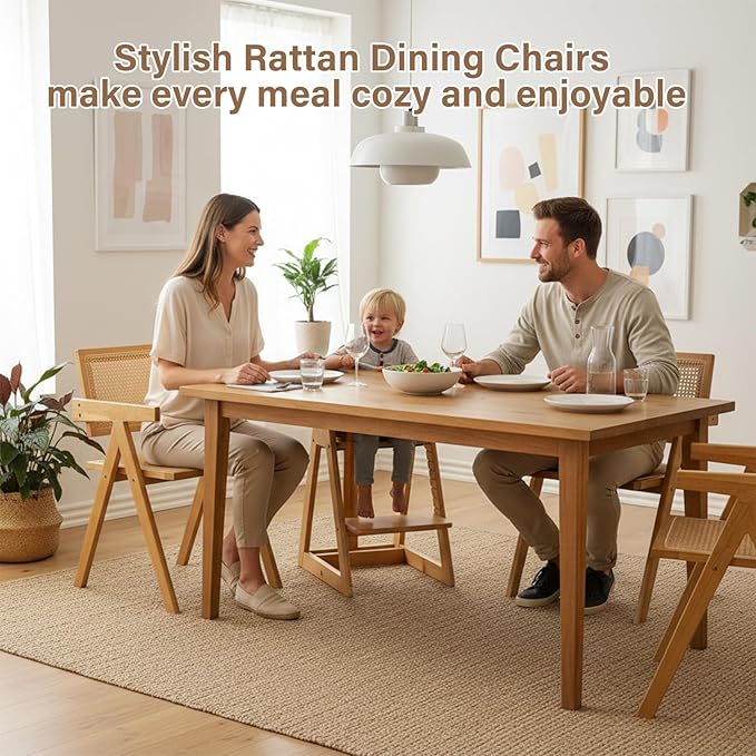 Rattan Dining Chairs Set of 4, Modern Mid Century Accent Chairs, Comfy Armchairs, Outdoor Rattan Chairs with Armrest for Bedroom Living Room Reading Room Dining Kitchen