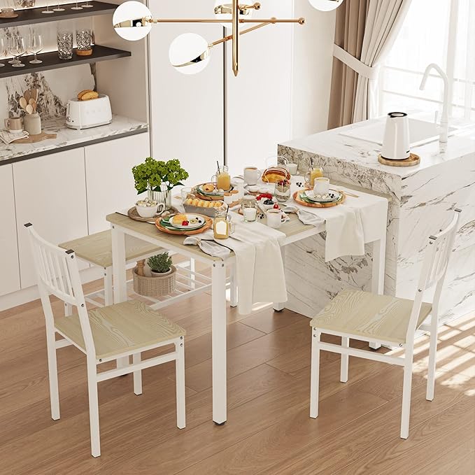 Teraves Dining Table Set/Computer Desk,Kitchen Table with 2 Chairs and a Bench,Table and Chairs 4 Piece Set for Dining Room (Beige, 110CM)