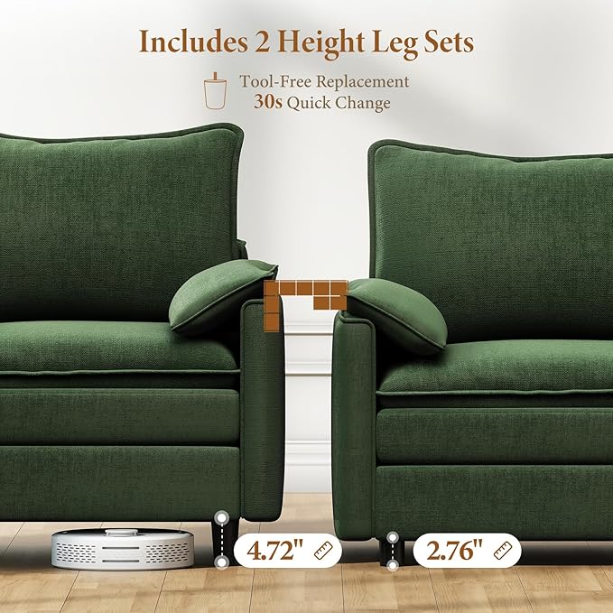Vesgantti Large Modular Sectional Sofa, Big Comfy Cloud Couch with Ottoman Deep Seat Chenille Cloud Sofa, 9 Seater Large Sectional Couches for Living Room, Bedroom and Apartment, Green | Sink-in Comfort, Height Adjustable, Easy Rearrangement, Extra-dee...