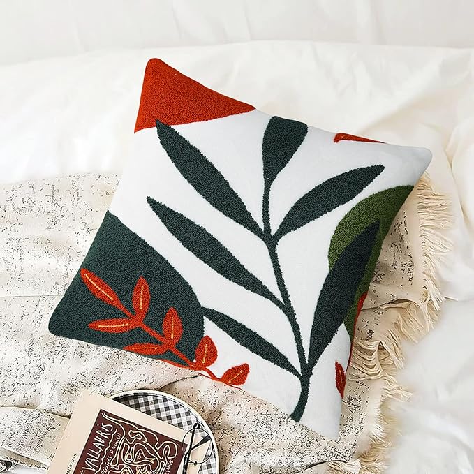 Merrycolor Boho Decorative Throw Pillow Covers 18x18 Tufted Abstract Mid Century Modern Pillow Covers Aesthetic Boho Pillows Decorative Pillows for Bed Couch Sofa Living Room Dark Green Orange(B)