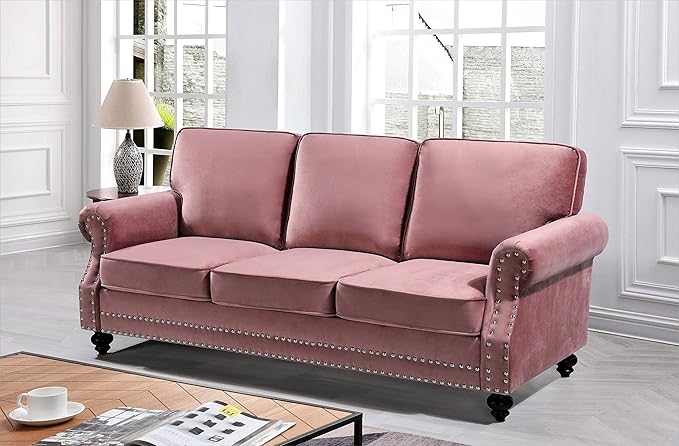 Container Furniture Direct Lotus Mid Century Modern Velvet Upholstered Living Room Rolled Arms, Sofa and Loveseat, Rose