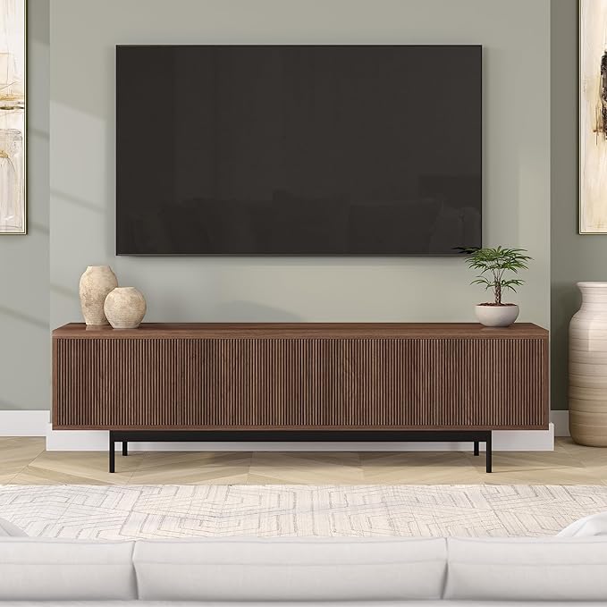 Henn&Hart Fluted TV Stand for TVs up to 75" with 2 Open-Concept Ribbed Storage Cabinets for Living Room, Family Room, or Office, Medium Walnut