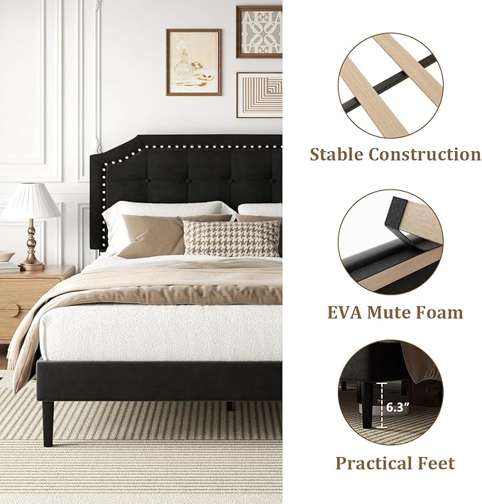King Size Bed Frame, King Size Platform Bed Frame with Upholstered Button Tufted Headboard, Strong Wood Slats, No Box Spring Needed, Mattress Foundation, Easy Assembly Black