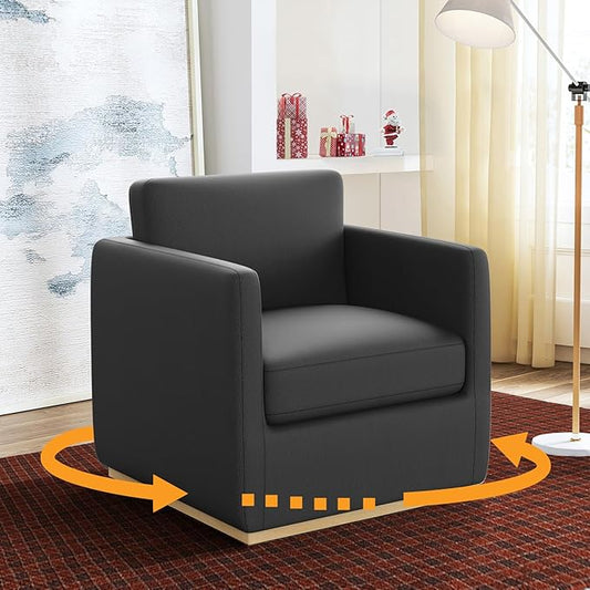 Sunny Heart Swivel Accent Chair, Velvet Swivel Barrel Chair,Club Chair with Wood Base, Modern Upholstered Armchair, Cozy Chairs for Living Room, Bedroom, Reading, Leather-Black