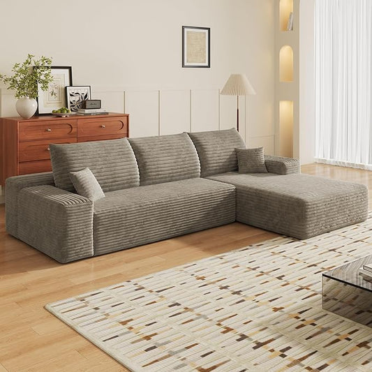 107" Oversized L Shaped Couch with Chaise, Minimalist Compressed Boneless Couch No Assembly Required, Modular Cloud Sectional Sofa for Living Room Bedroom, Right Facing Chaise, Plush Corduroy, Camel