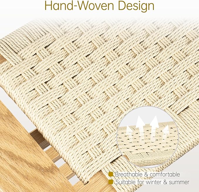 Solid Wood Narrow Bench with Storage, 33.46" Woven Bench for Entryway and Hallway, End of Bed Bench with Oak Frame, Boho Accent Bench (Natural White)